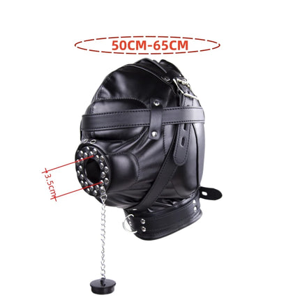 PU Leather Full Head Bondage Hood Mask Adjustable BDSM Headgear Blindfold with Chain Leash Role Play Costume Accessories