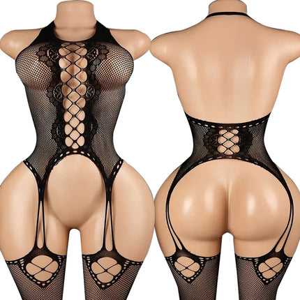 Big Loophole Bodystocking Mesh Sheer Baby Doll Dress Erotic Crotchless Lingerie Women Sexy Bow Fishnet Hollow Babydoll Underwear