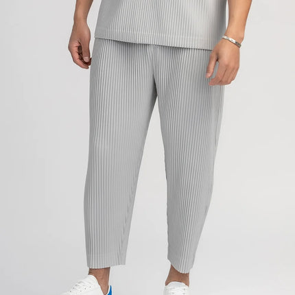 Miyake Pleated Straight Pants Men Clothing Black Pencil Cropped Pants Street Wears Men Japanese Style Ankle Length Pants