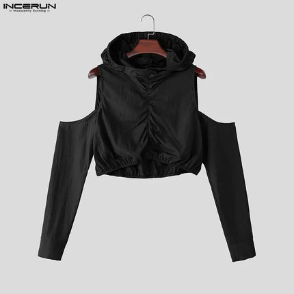 INCERUN Men's T Shirt Solid Color Pleated Off Shoulder Long Sleeve Hooded Men Clothes Streetwear Loose 2026 Crop Tops For Man
