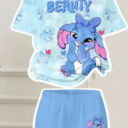 Kids Girls Stitch Cartoon Print 2Pcs Outfit Short Sleeve Floral T-Shirt + Blue Flare Pants Soft Casual Daily Wear Children Set
