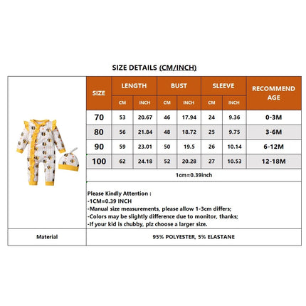 0-18 Months Newborn Baby Girls Romper Cute little bee Lovely Ruffle Long Sleeve Bodysuits + Hat Birthday Party Costumes