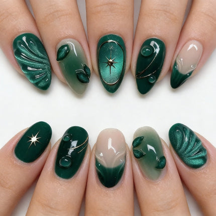 24Pcs Cool-Tone Green Press On Nails 3D Wavy French Cat Eye For Women Party Daily