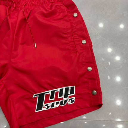 Red Triple Sevens Side Slit Button Placket Shorts Pockets 7S Logo Jorts Men Women Casual Drawstring Waterproof Loose Shortpants