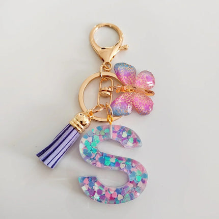 Fashion Butterfly Fringe Initial Keychain Drop Glue Blend Sequin A-Z26 Letter Keychain Cute Ladies Student Bag Accessory Gift