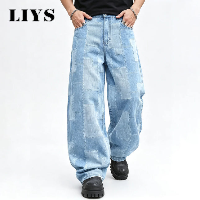 LIYS Men's Geometric Grid Jacquard Beggar Cloth Loose Wide Leg Jeans Retro Street Denim Pants Suitable for Work Casual Wear