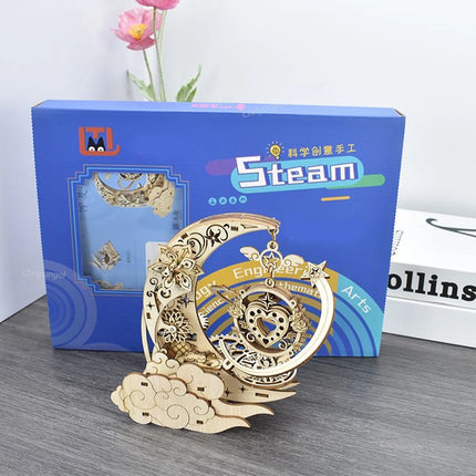 3D Wooden Puzzle Moon Star Music Box DIY Assembly Rotating Craft Decoration STEAM Educational Toys Gift for Adults Teens