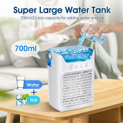 Portable Air Conditioner 3-in-1Mini Fan Cooler & Humidifier with 700 ml Top-Fill Water Tank & 7-Color Night Light 2/4/6 H Timer