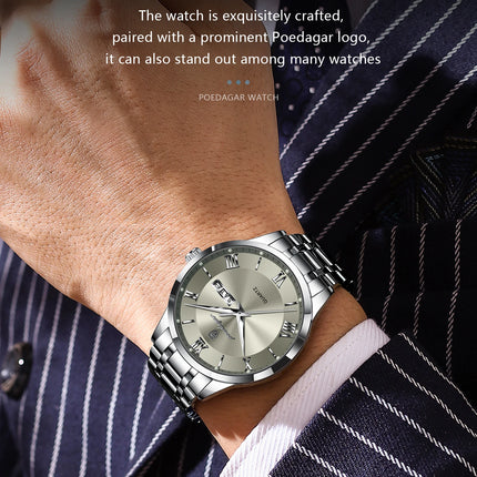 POEDAGAR Luxury Fashion Men Clock Waterproof Luminous Date Week Man Wristwatch Sports Stainless Steel Quartz Men's Watches Reloj