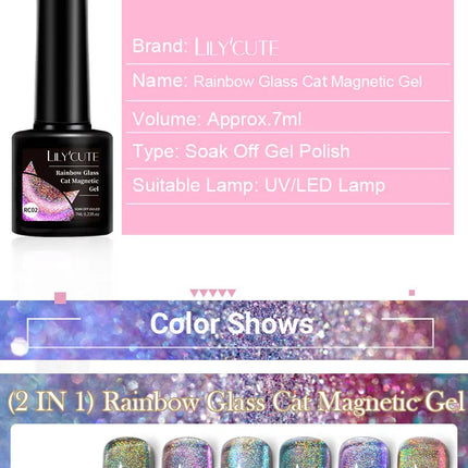 LILY’CUTE 7ml Ultra Shine Cat Eye Nail Polish Rainbow Laser Dual Beam Crystal Nail Gel Varnishes Soak Off Semi Permanent UV Gel