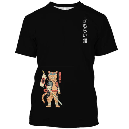 Japanese Samurai Cat Print T Shirt For Men Casual Simplicity O-neck Short Sleeve Fashion Trend Harajuku Streetwear Oversized Top