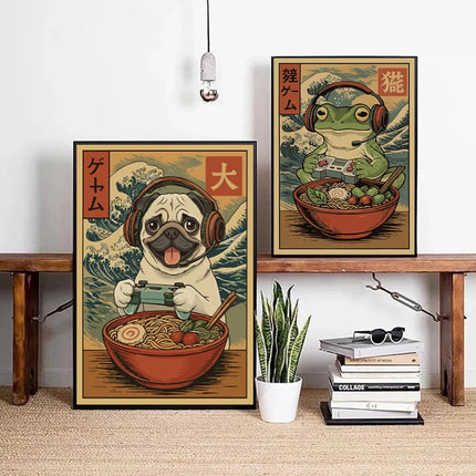 Japan Ukiyo-E Style Fun Game Animal Ramen Posters Art Print Mexican Axolotl Game Cat Ferret Canvas Painting Game Room Home Decor