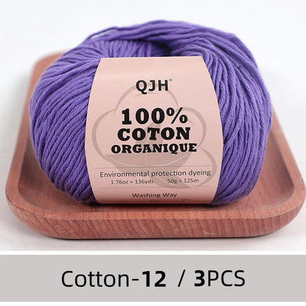 3PCS 100% Organic Cotton Yarn Machine Washable For Adult Baby Sweaters/Gloves/Scarves/Hats Etc. 50 gr (1.76 oz) 125 m (136 yrd)