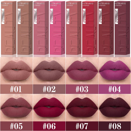 8Pcs/Set Nude Brown Matte Liquid Lipstick Velvet Sexy Dark Red Lip Glaze Non-stick Cup Not Easy To Fade Lip Gloss Lipstick Makeu