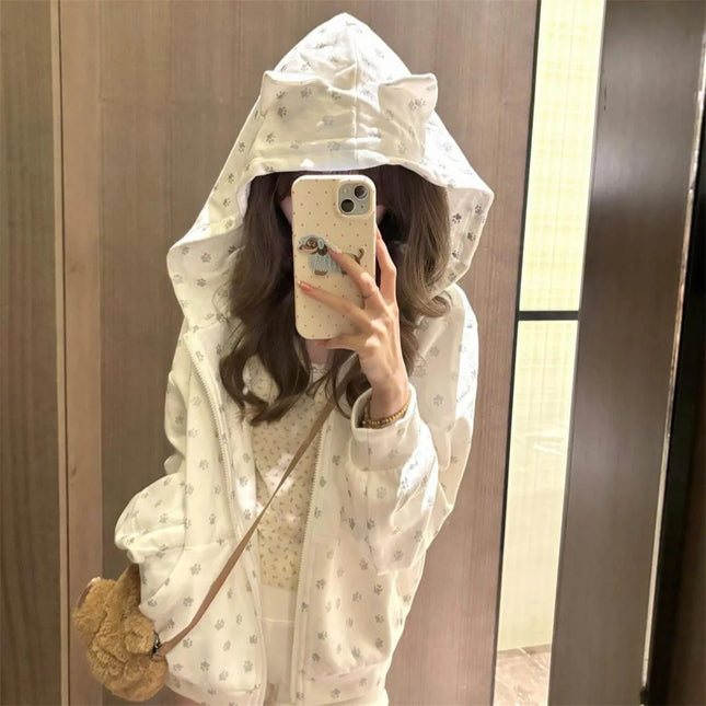 Dog Paw Print Zipper Hooded Coat Spring And Autumn Dressing Up Collection Casual Streetwear Zip Up Sweatshirts Long Sleeve