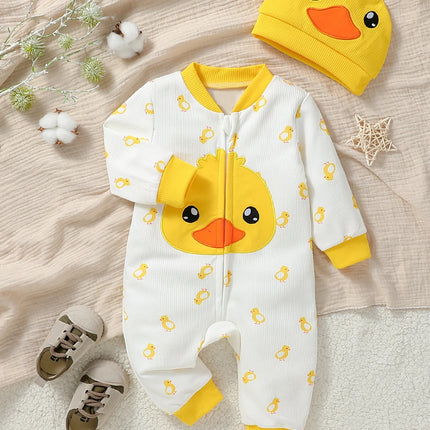 Baby Boys/girls Cute Long Sleeve Zipper Jumpsuit Duck Hat 2 Pieces For Fall/Winter 1-2Y Casual Daily Wear Clothes