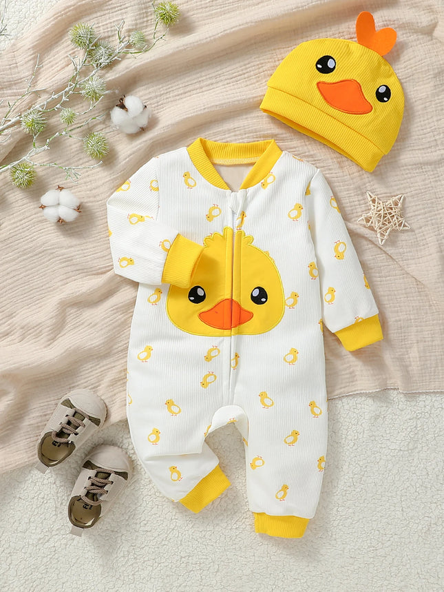 Baby Boys/Girls Cute Long Sleeve Zipper Jumpsuit Duck Hat 2 Pieces For Fall/Winter 1-2Y Casual Daily Wear Clothes
