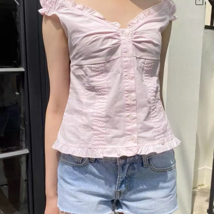 Blue Striped Folds Blouse Top Women New Casual Single Breasted Ruffle Sleeveless Tank Tops Vest Sweet Preppy Style Camisole Y2K