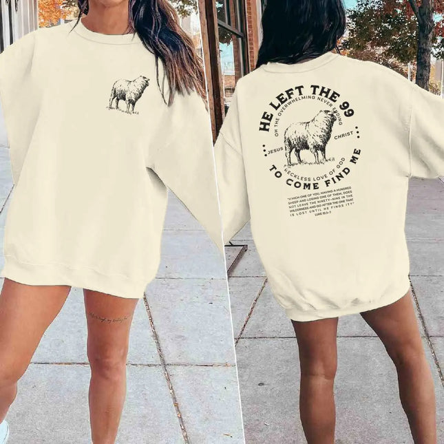 Faith-Based Gift Sweatshirt Christian Gift "He Left The 99" Sheep Graphic Pullover Perfect for Easter Bible Verse Crewneck Tops