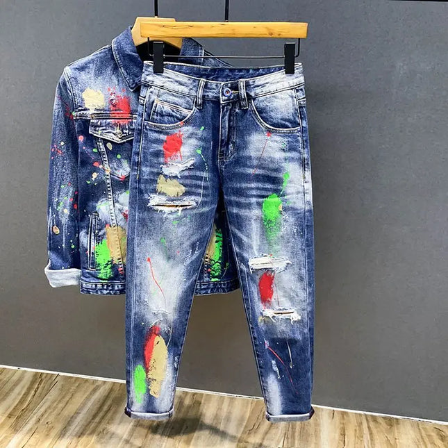 Luxury Brand 2025 Printing Graffiti Jeans Men's Fashion Ripped Spray Paint Pants Ruffian Handsome Punk Streetwears Pants Man