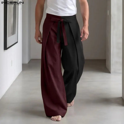 INCERUN Men Pants Patchwork Color-block Lace Up Joggers Casual Trousers For Man Pleated Streetwear Loose 2026 Fashion Long Pants