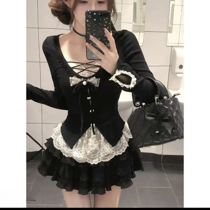 Korean Fashion Elegant Patchwork Lace Tops Slim Casual Long Sleeve Blouse 2000s American Vintage Sweet Pullover Chic