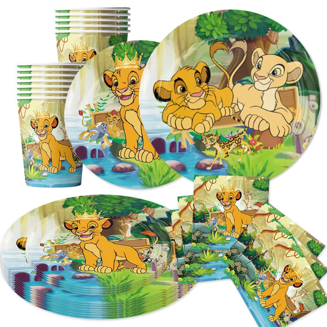 Lion King Simba Disposable Party Tableware Set Paper Plates Cups Napkins Optional Tablecloth Jungle Kids Birthday Party Supplies