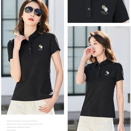 Korean version pure cotton lapel short sleeved women's T-shirt summer new high-end polo shirt embroidered casual plus size top