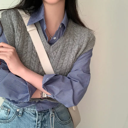 Spring High Waist Slim Fit Striped Shirt Women's Button up Polo Collar Cotton Polyester Blend Fashionable Korean Style