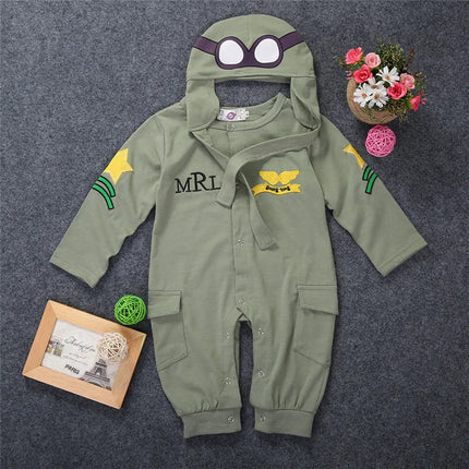 6-24months Baby Boys 2pcs Outfit Long Sleeve Pilot Romper + Cap Army Green Jumpsuit For Infant Boys Spring Autumn Playsuit