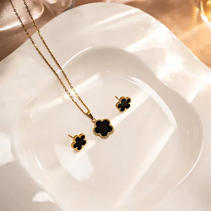 New Lucky Five-petal Flower Five-leaf Clover Earrings Necklace Two-piece set for Woman Fashionable Accessories Party Jewelry