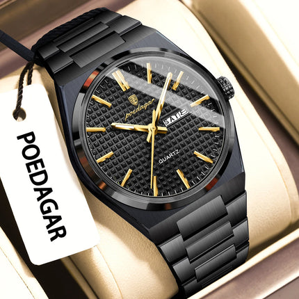 POEDAGAR Luxury Fashion Men's Wristwatch Waterproof Luminous Date Week Man Clock Stainless Steel Quartz Business Watches For Men