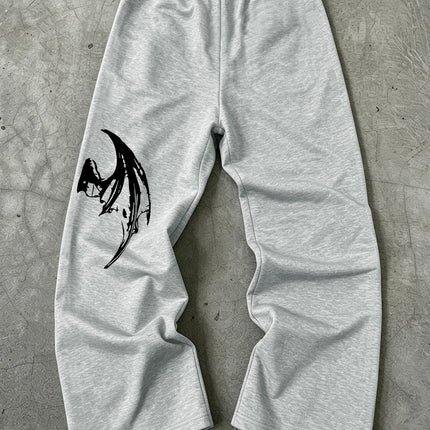 Mens Dark Gothic Spider Bat Wing Print Baggy Wide Leg Sweat Pants Loose Straight Drawstring Hip Hop Street Joggers