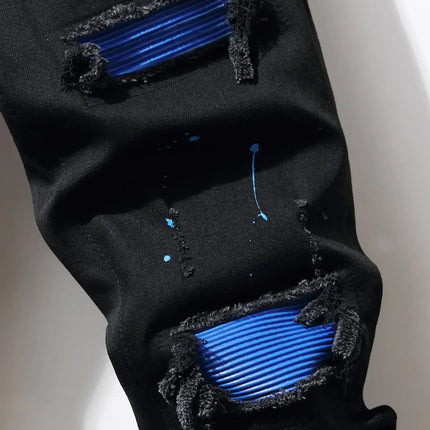 Men's Jeans Cool Ripped Skinny Trousers Stretch Slim Denim Pants Patchwork Hip Hop Black Blue Casual Jogging Jeans for Men