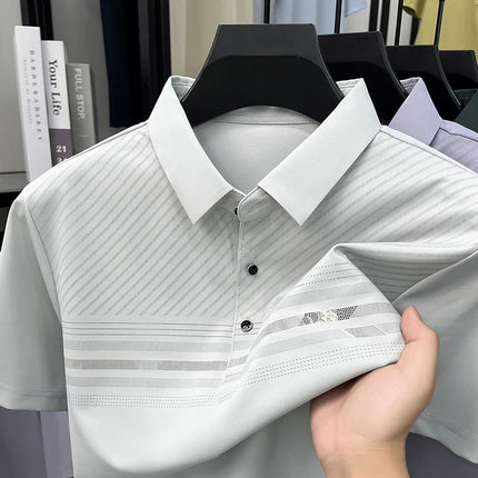 Summer Gentle Men's Polo Shirt Striped Pattern Ice Silk Short Sleeve Smooth Breathable Office Daily Commute Top