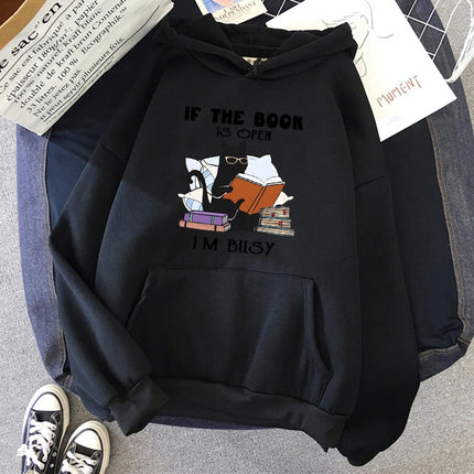 If The Book Is Open I'm Busy Black Cat Hoody Women Casual Crewneck Hoodies Fashion Loose Clothes Fleece Pullover Sweatshirt