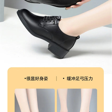 British Style Spring Autumn Women Round Heel Shoes Square Heel Lace-free Office Pumps Work Party Comfortable Soft Leather 2024