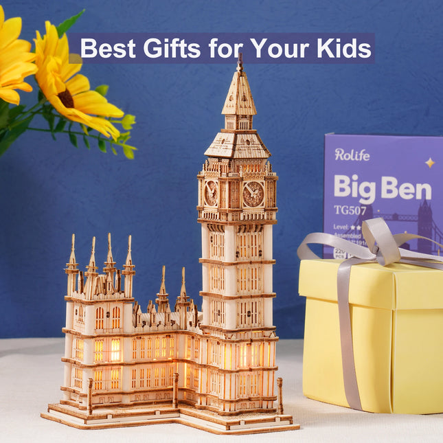 Rolife DIY Wooden 3D Puzzle Big Ben Model Building Kit Brain Teaser Puzzle Toy with LED Light for Home Decor Gifts for Adult Kid