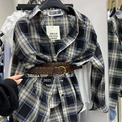 Loose Long-Sleeve Shirt Women's Korean Style Plaid Versatile Shirt with Belt, Slimming Effect, Early Autumn New Style Dongdaemun