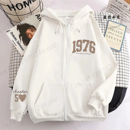 Leopard 50th Birthday Gifts Zip Up Hoodie 1976 Retro Birthday Hoodie Fashion Hoodie Mom Fiftieth Women Aesthetic Sweatshirts