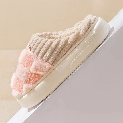 Fashion Couple Winter Toe Wrap Warm Plaid Plush Slippers Men Women Thick Soft Sole Slides Indoor Floor Flat Home Non-slip Shoes