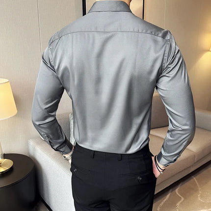 Seamless silk business casual shirt, long sleeved white non ironing elastic silk sliding cross shirt, men's formal wear