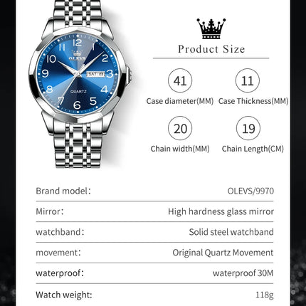 OLEVS Original Waterproof Men's Watches Digital Mirror Quartz Watch for Man Luminous Stainless Steel Wristwatch Male Date Week