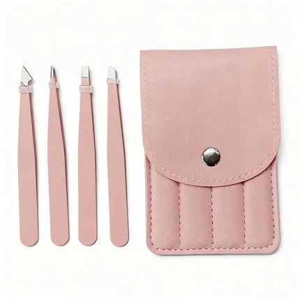 4Pcs Colorful Stainless Steel Tweezer Set For Women Men Eyebrows Eyelashes Grooming Precision Tweezers With Storage Bag