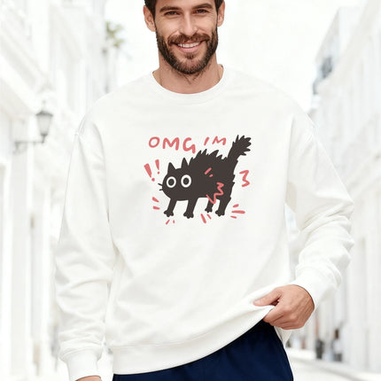 Men's Sweatshirt 2025 Trending Oversized Soft Comfortable Crewneck OMG I’M Text & Cartoon Black Cat Graphic Streetwear Top