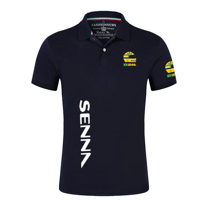2025 Summer Ayrton Senna Print Casual Lapel Collar Breathable Solid Color Polo Shirt Men Trendy High Quality Cotton Short Sleeve