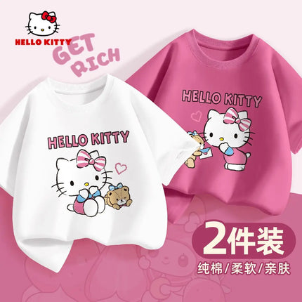 (2 Pieces Per Pack) Sanrio Summer Baby Girls 100% Cotton Clothes Kid Children Girl Hello Kitty Printed T-shirts Short Sleeve Top