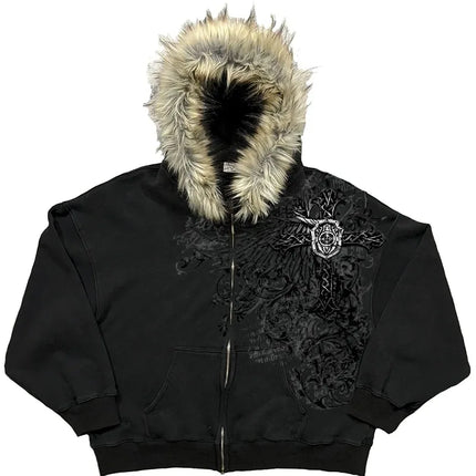 American Style Hip-Hop Style Y2K Autumn and Winter New Item Unisex Thick Print Warm Hoodie Jacket Zipper with Hat