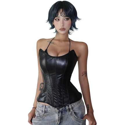 Sisterlinda Sexy Patchwork Tank Top Women Fashion Casual Faux Leather Sleeveless Irregular Hem Coquette Midnight Party Club Vest