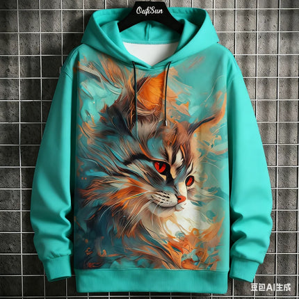 Japanese Samurai Cat Print Men's Hoodies Autumn and Winter Comfortable Loose Pullover Fashion Casual Sweatshirts Street Clothes